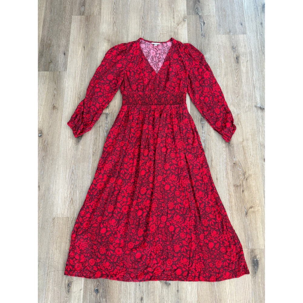 Knox Rose Boho Floral Smocked Waist Midi Dress Womens M Red Long Sleeve Peasant